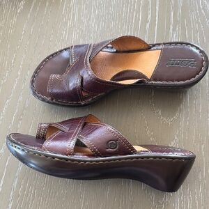 Born Y2K Women's Dark Brown Leather Mules Sandals Wedge Boho Comfy Size 7 EUC